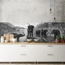 Ciment Factory Crédences Crédence Adhésive Gravure Les éléphants 200x60cm